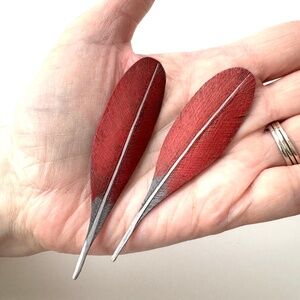 Cardinal Feather Pin, Carved Wood by Scherer, Vintage 90s Brooch